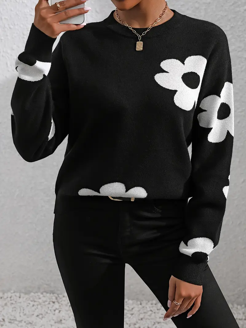 Women Floral Crew Neck Long Sleeve Casual Daily Spring/Fall Sweater
