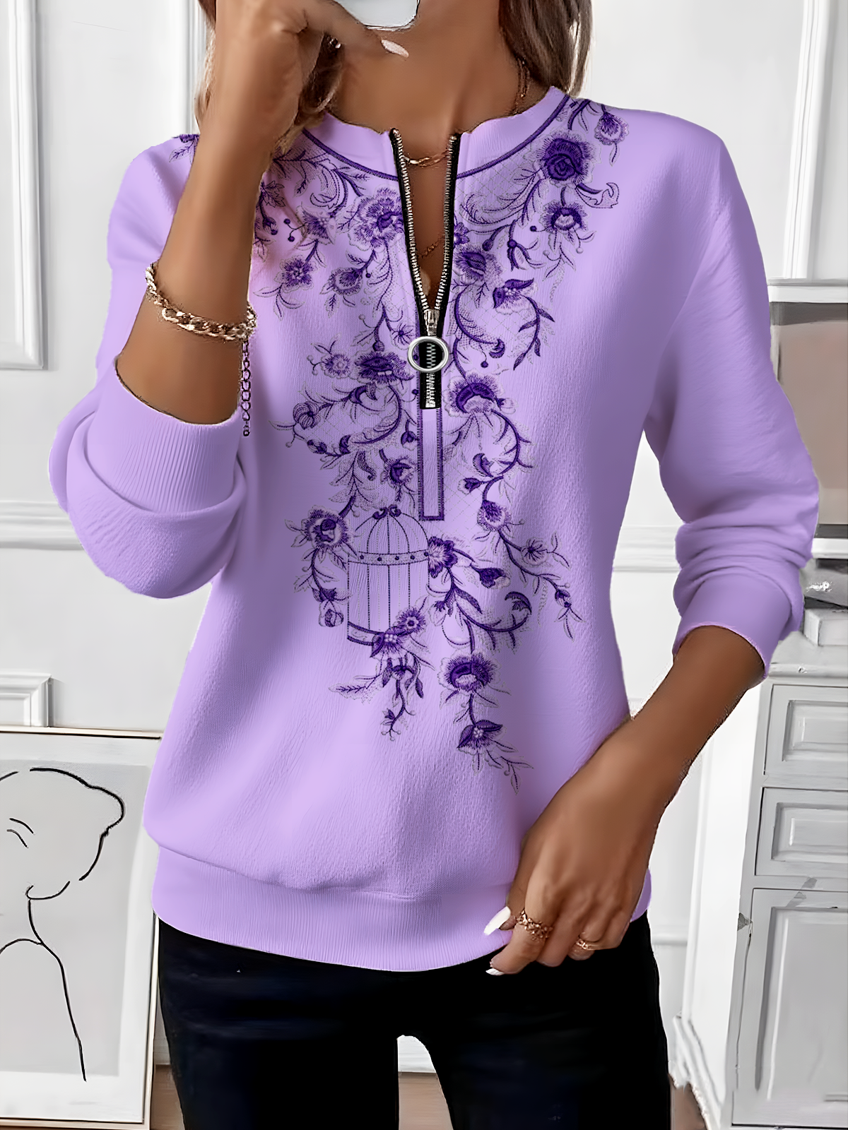 Women's Retro Art Graphic Design Everyday Long Sleeve Center Front Zip Sweatshirt