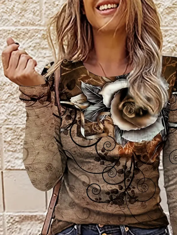 Women Floral Crew Neck Jersey Long Sleeve Casual Daily Spring/Fall T-shirt
