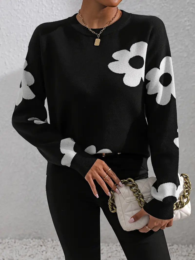 Women Floral Crew Neck Long Sleeve Casual Daily Spring/Fall Sweater