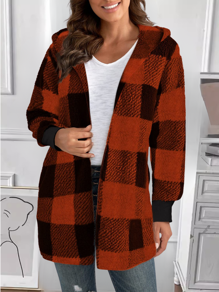 Women Plaid Hooded Zip Up Hoodie Long Sleeve Vintage Split Joint Spring/Fall Daily Jacket Outerwear