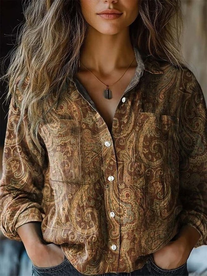 Women Paisley Shawl Collar Long Sleeve Vintage Daily Spring/Fall Shirt
