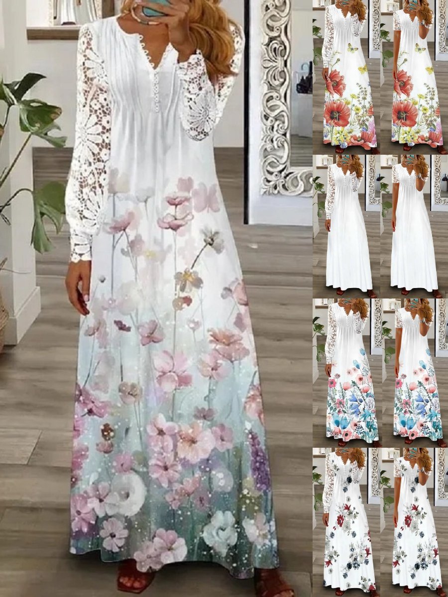 Women Floral V Neck Printing T-Shirt Dress Vintage Spring/Fall Daily Maxi A-Line Dress