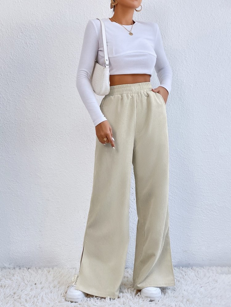 Women Plain Cotton Casual Split Joint Pant Daily Spring/Fall Wide Leg Pants