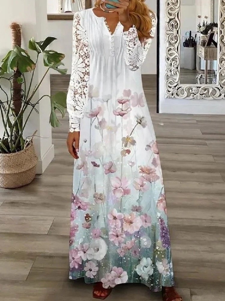 Women Floral V Neck Printing T-Shirt Dress Vintage Spring/Fall Daily Maxi A-Line Dress