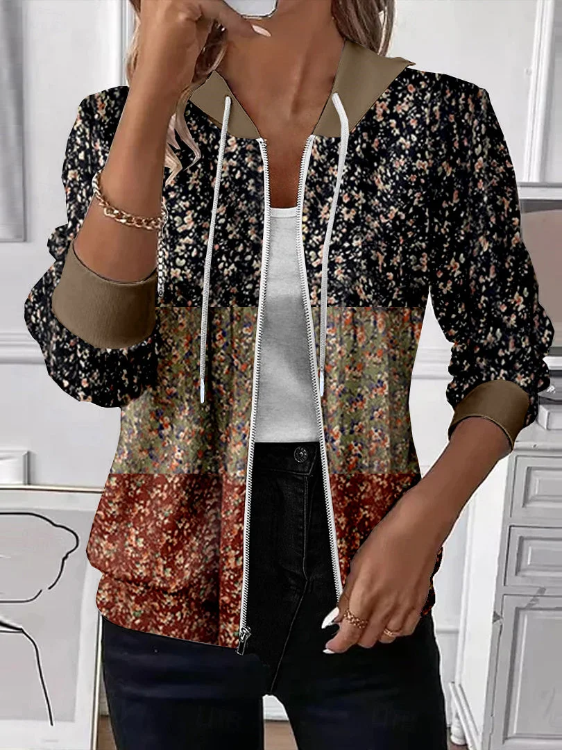 Women Floral Hoodie Zip Up Hoodie Long Sleeve Casual Printing Spring/Fall Daily Jacket Outerwear