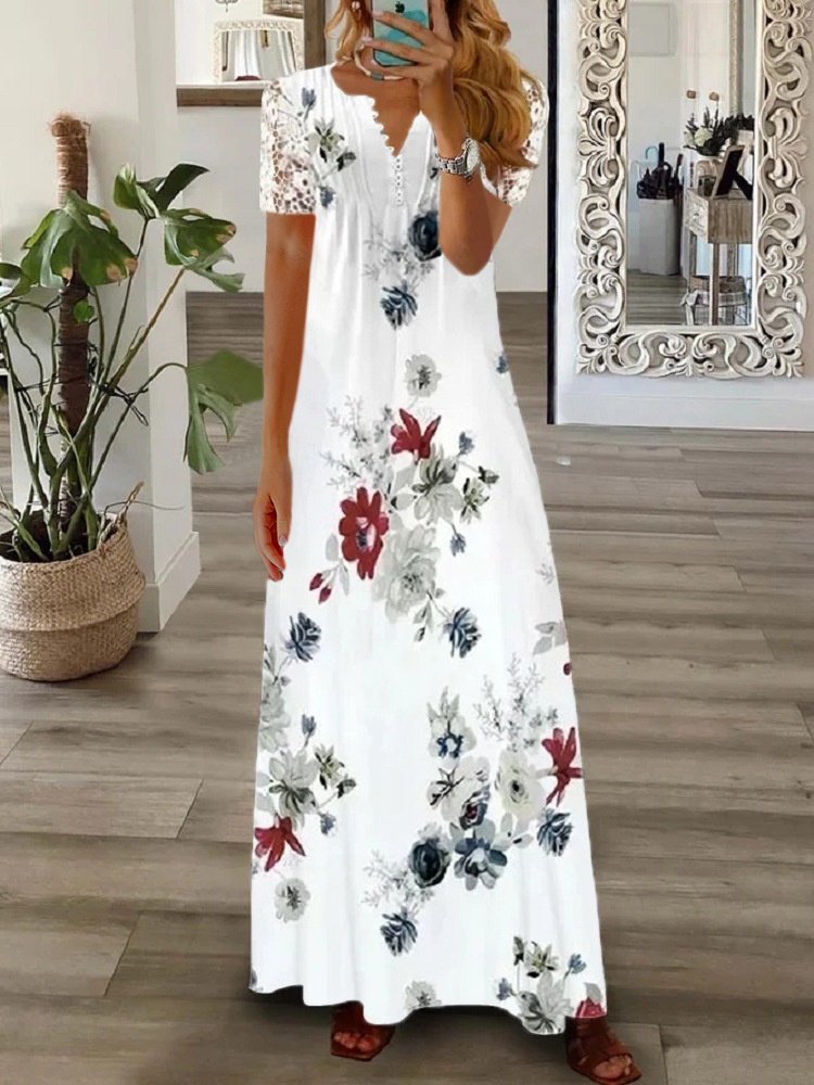 Women Floral V Neck Printing T-Shirt Dress Vintage Spring/Fall Daily Maxi A-Line Dress