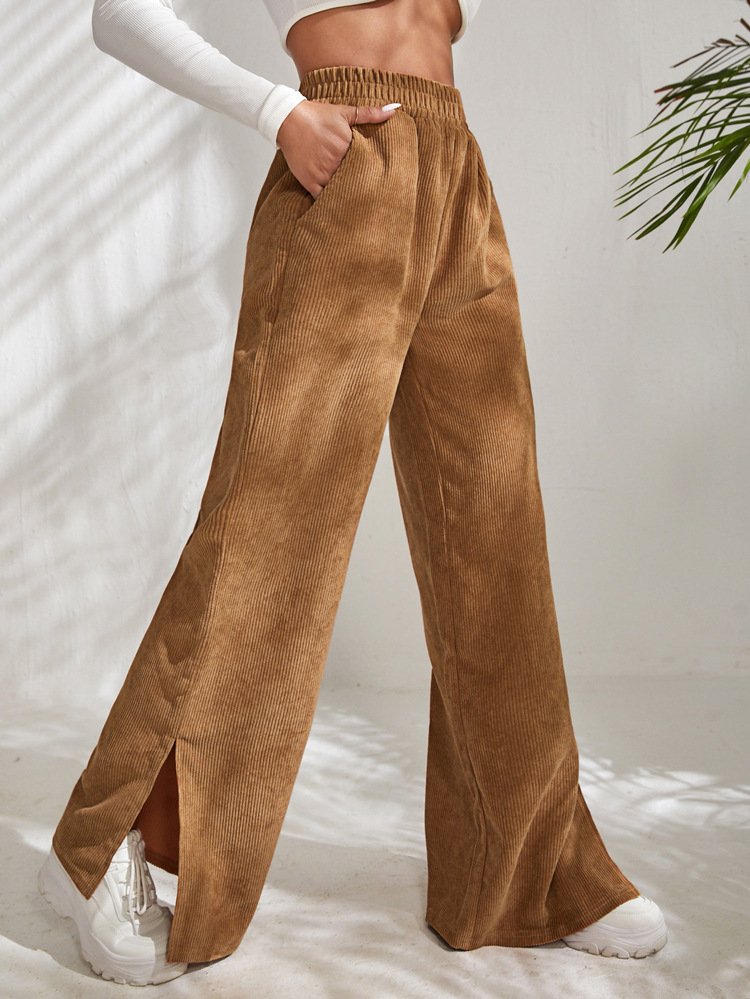 Women Plain Cotton Casual Split Joint Pant Daily Spring/Fall Wide Leg Pants