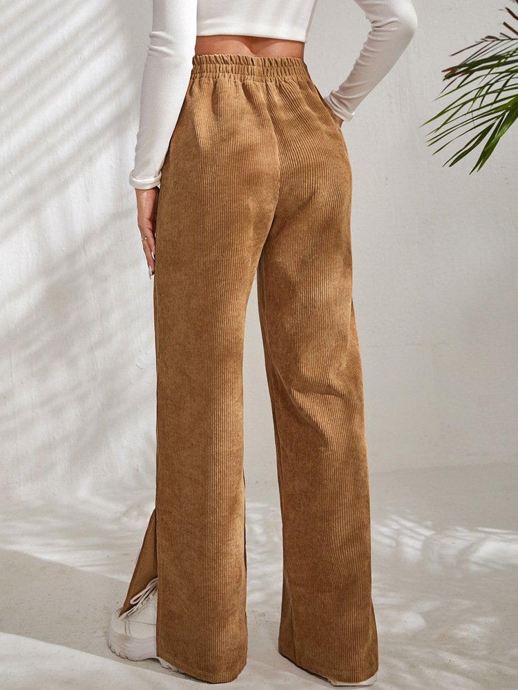 Women Plain Cotton Casual Split Joint Pant Daily Spring/Fall Wide Leg Pants