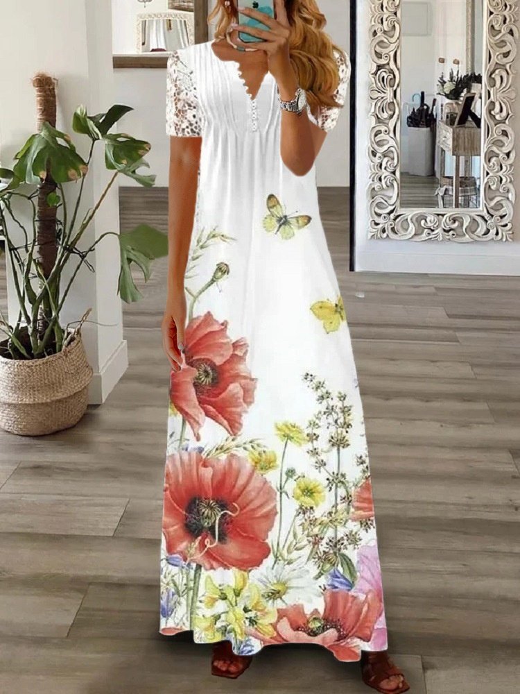 Women Floral V Neck Printing T-Shirt Dress Vintage Spring/Fall Daily Maxi A-Line Dress