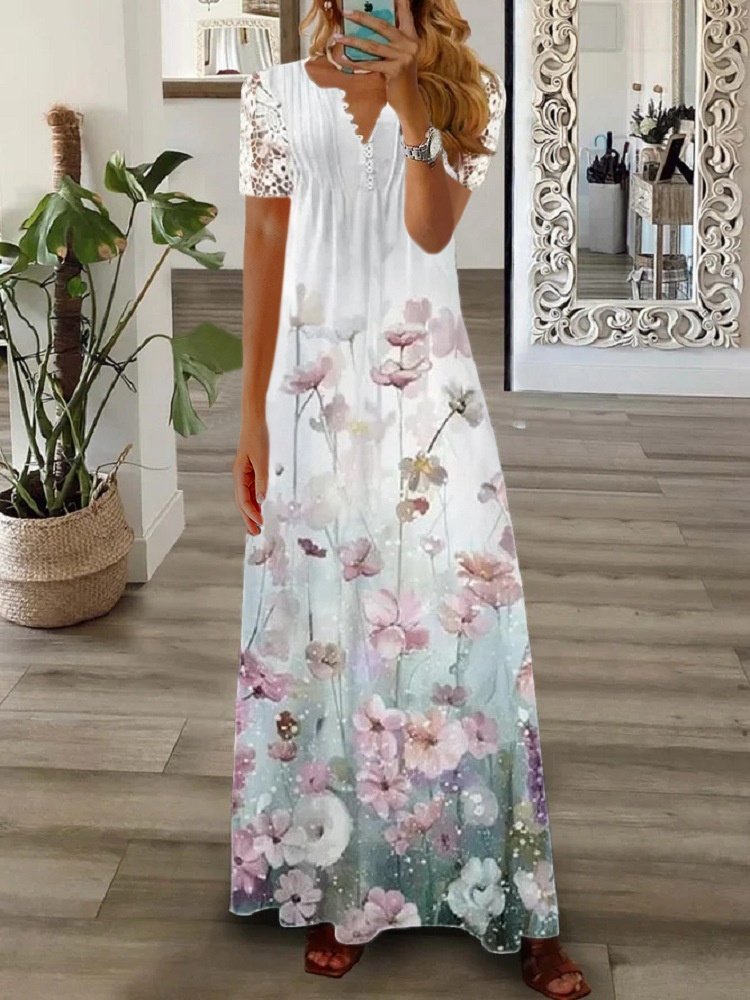 Women Floral V Neck Printing T-Shirt Dress Vintage Spring/Fall Daily Maxi A-Line Dress