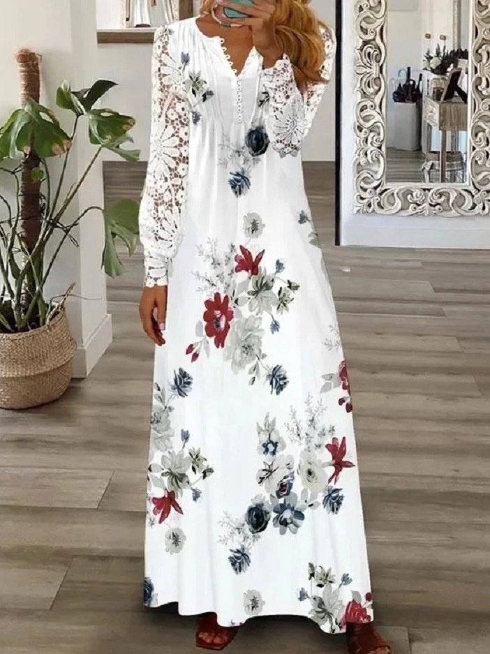 Women Floral V Neck Printing T-Shirt Dress Vintage Spring/Fall Daily Maxi A-Line Dress