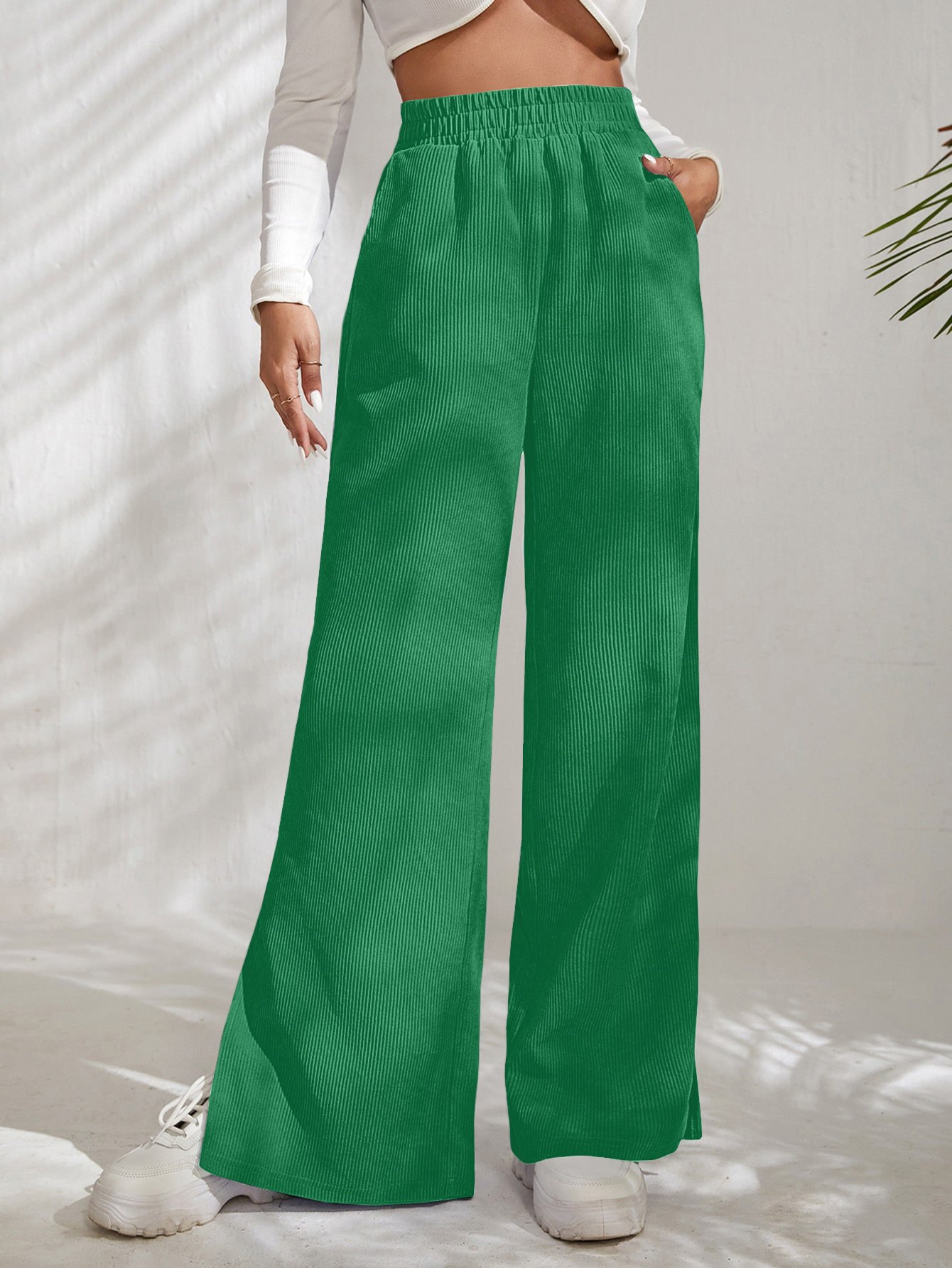 Women Plain Cotton Casual Split Joint Pant Daily Spring/Fall Wide Leg Pants