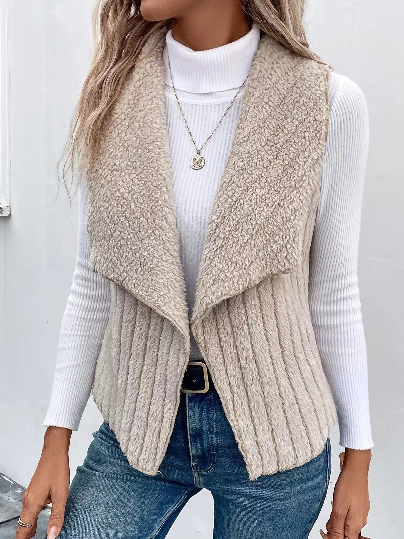 Women Plain Lapel Collar Zip Up Hoodie Sleeveless Casual Split Joint Autumn Daily Vest Outerwear