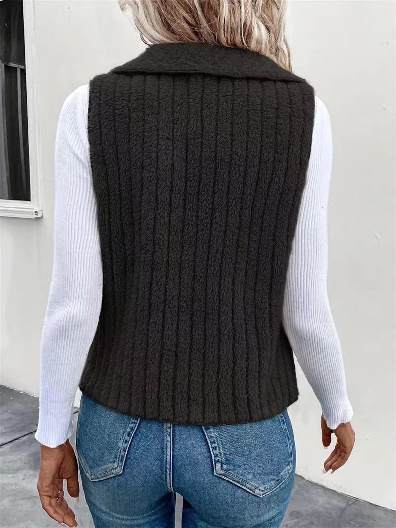 Women Plain Lapel Collar Zip Up Hoodie Sleeveless Casual Split Joint Autumn Daily Vest Outerwear