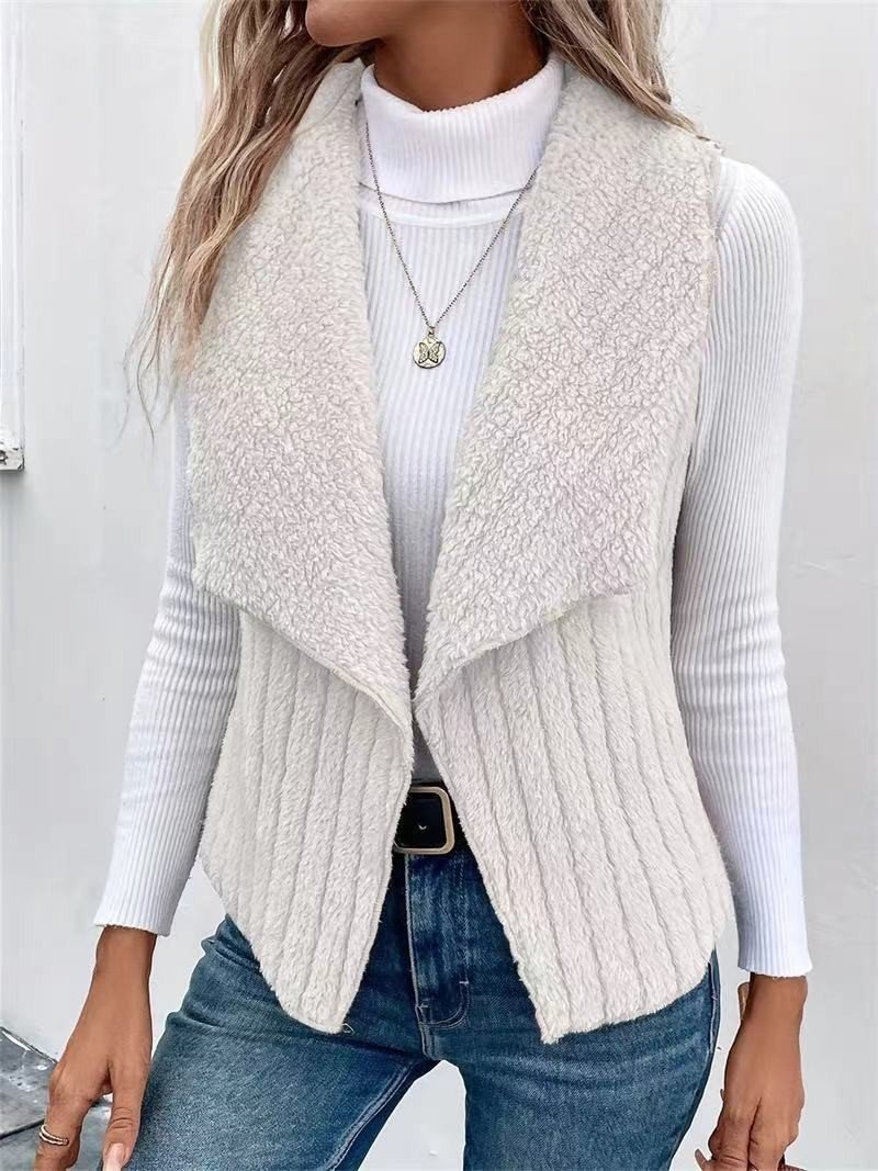 Women Plain Lapel Collar Zip Up Hoodie Sleeveless Casual Split Joint Autumn Daily Vest Outerwear