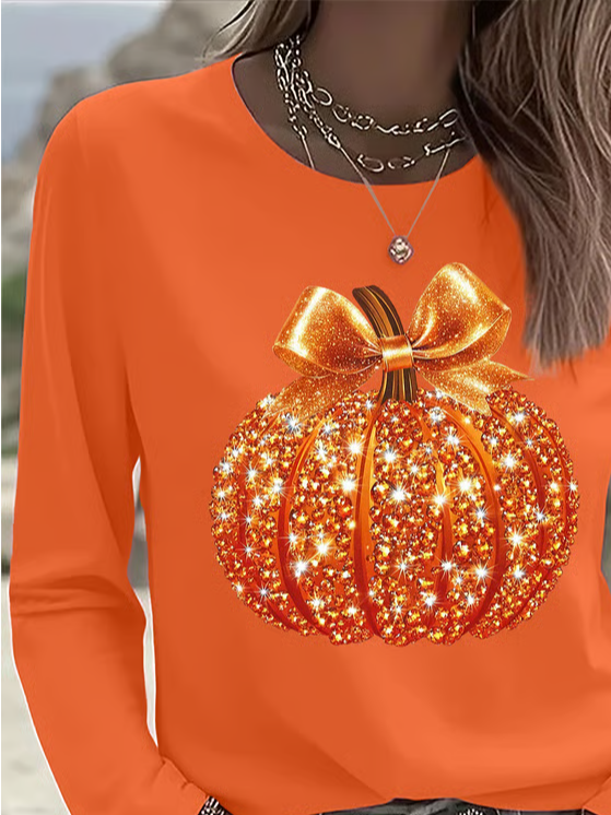 Women Halloween (pumpkin) Crew Neck Jersey Long Sleeve Casual Daily Spring/Fall T-shirt