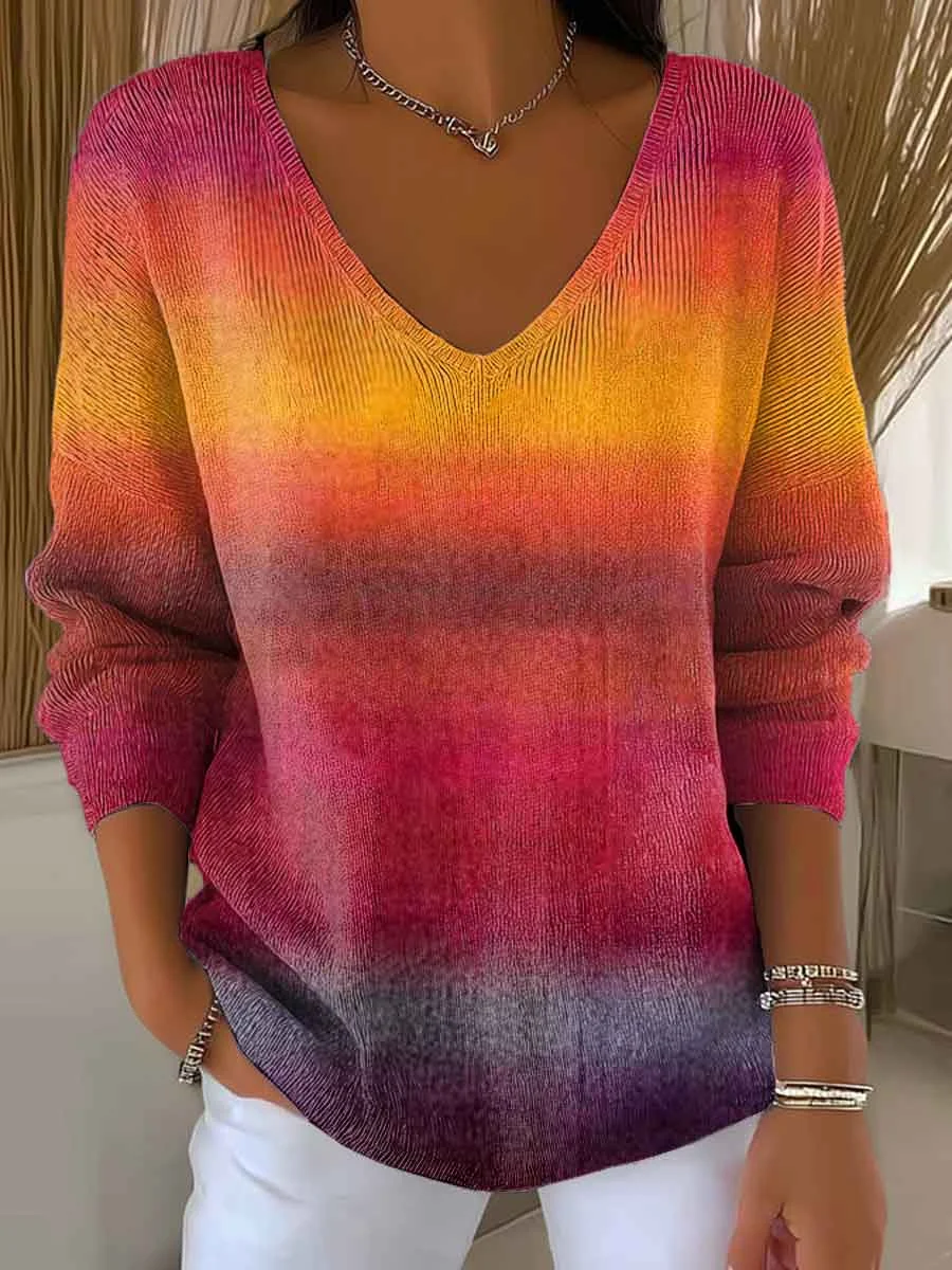 Women Ombre V Neck Cotton Long Sleeve Casual Daily Spring/Fall Sweater