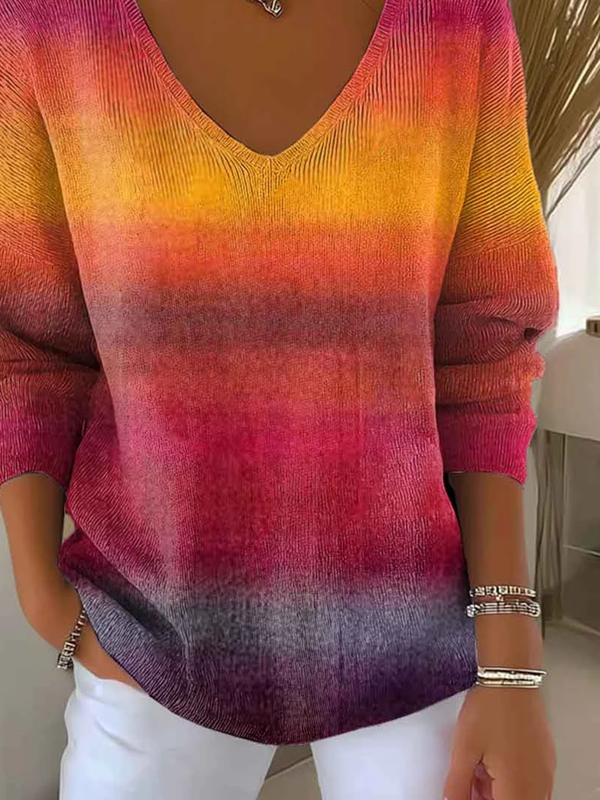Women Ombre V Neck Cotton Long Sleeve Casual Daily Spring/Fall Sweater