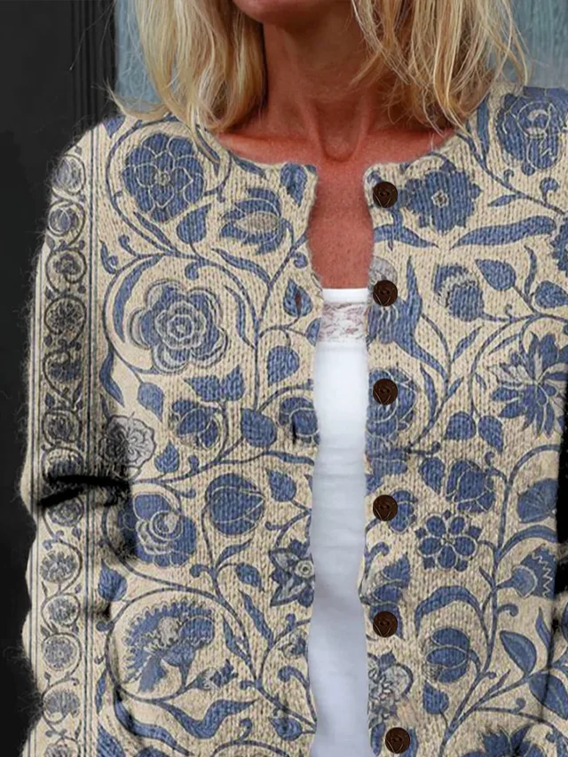 Women Floral Crew Neck Long Sleeve Vintage Daily Spring/Fall Cardigan