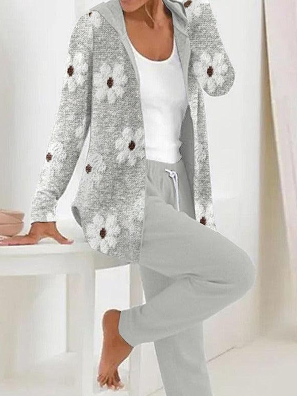 Women Floral Long Sleeve Coat With Pants Casual Printing Spring/Fall Hoodie Two-Piece Set