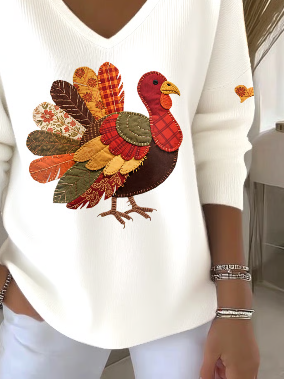 Women Turkey V Neck Cotton Long Sleeve Vintage Holiday Spring/Fall Hoodie