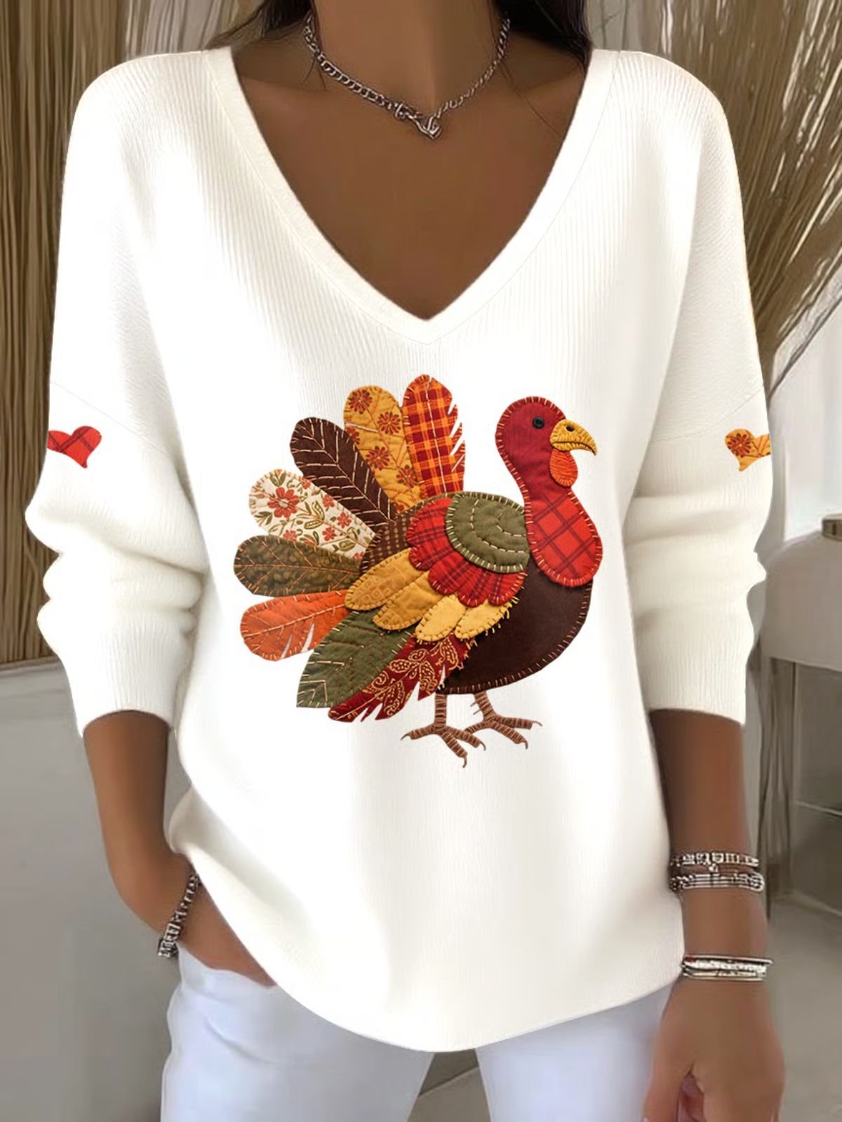Women Turkey V Neck Cotton Long Sleeve Vintage Holiday Spring/Fall Hoodie