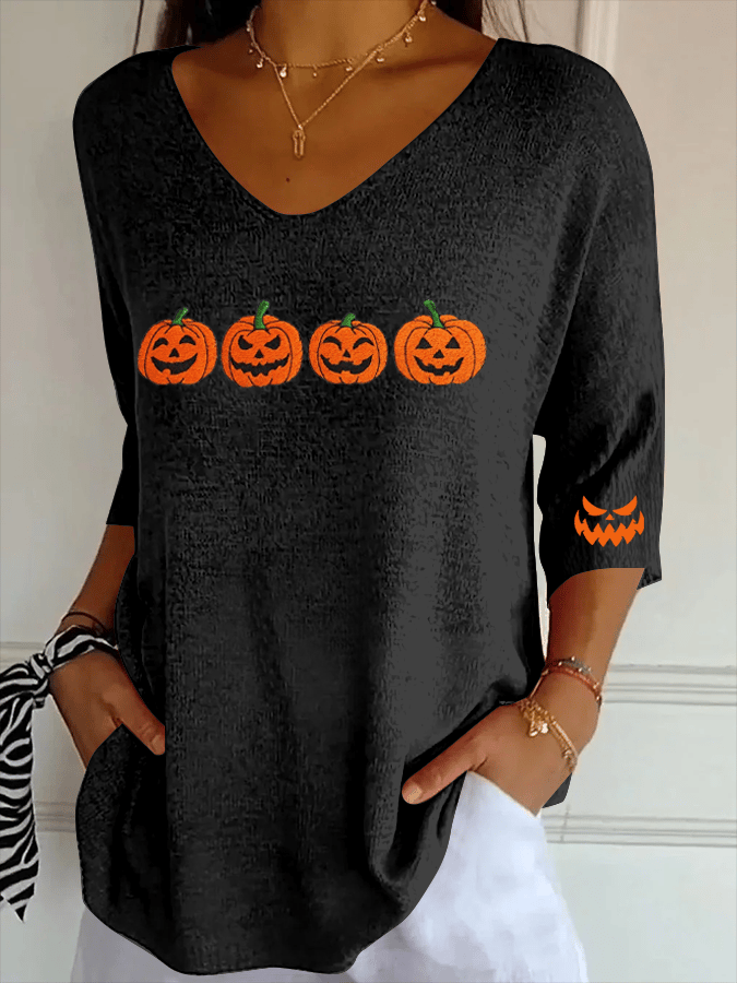 Women Halloween (pumpkin) V Neck Three Quarter Sleeve Casual Daily Spring/Fall T-shirt