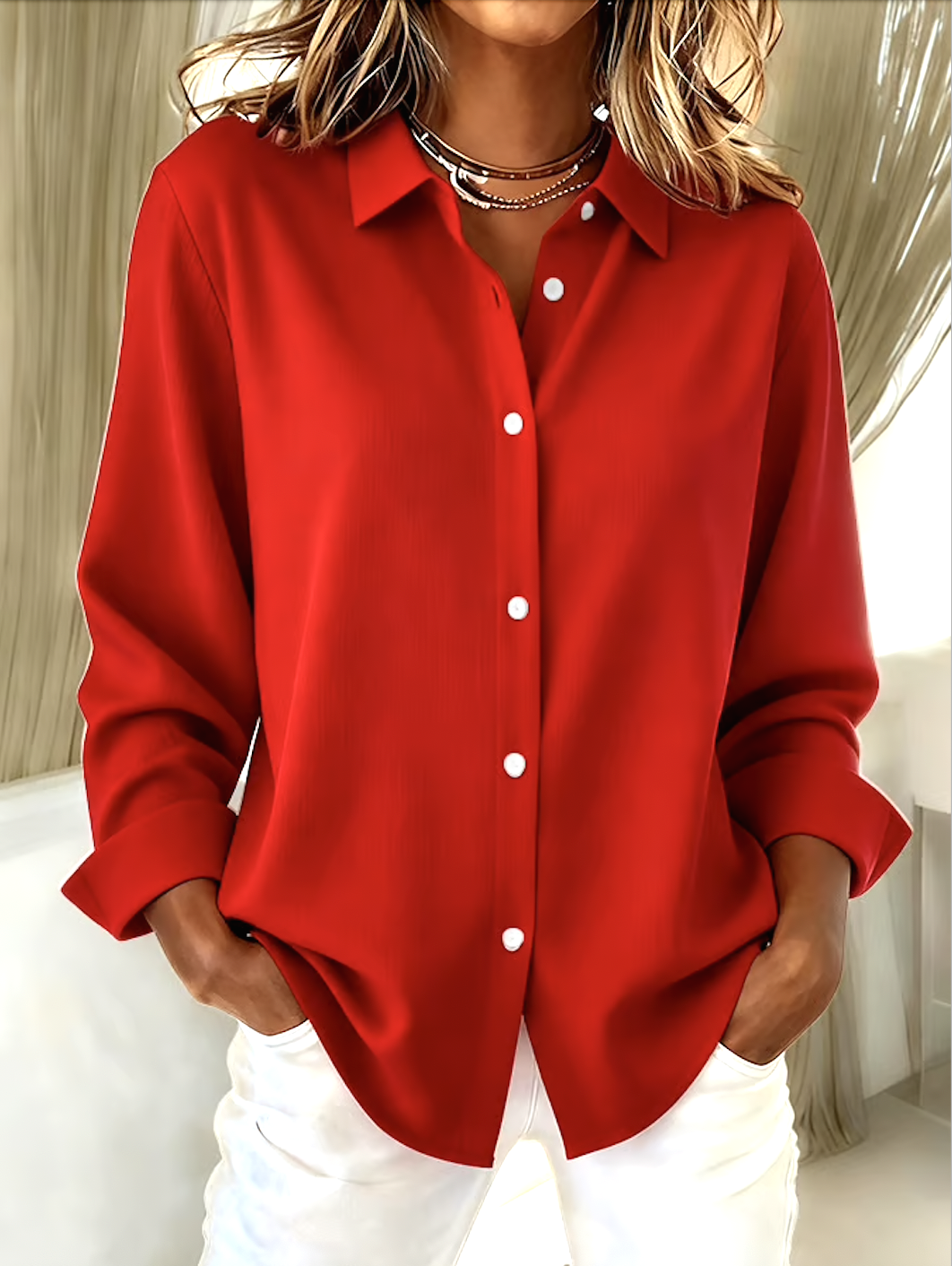 Women Plain V Neck Cotton Long Sleeve Casual Daily Spring/Fall Shirt