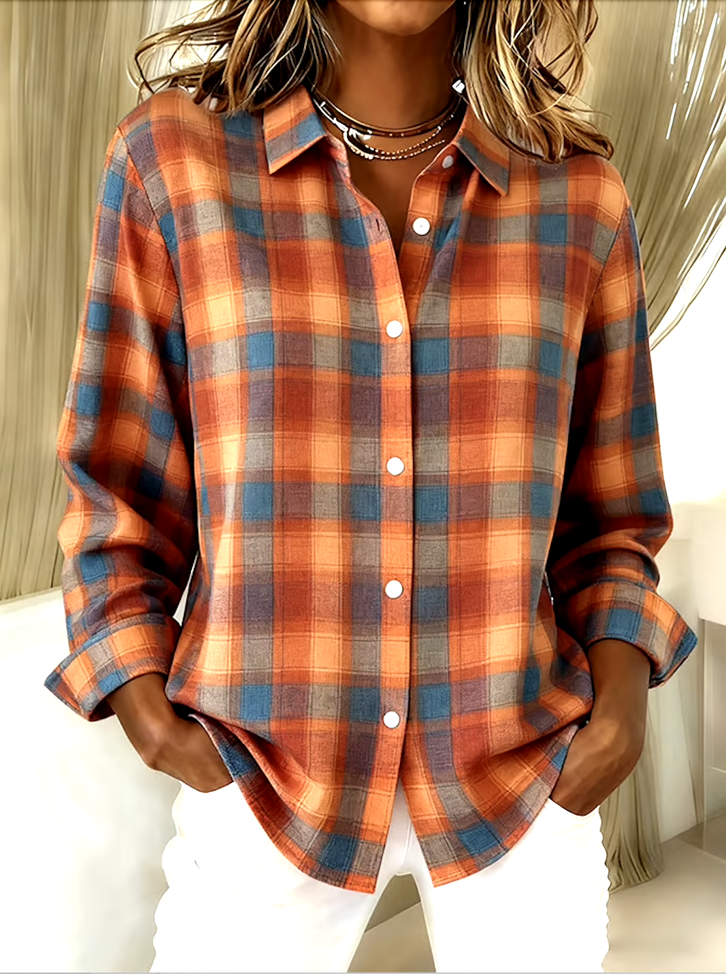 Women Geometric V Neck Cotton Long Sleeve Casual Daily Spring/Fall Shirt