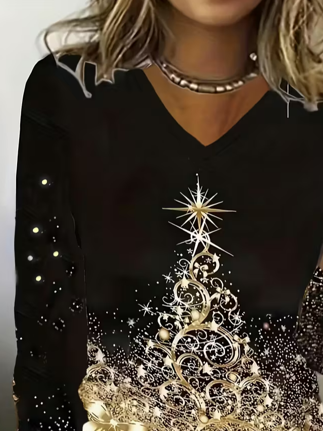 Women Christmas V Neck Jersey Long Sleeve Casual Daily Spring/Fall T-shirt