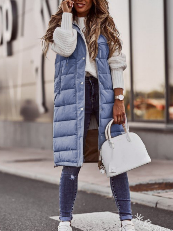 Women Plain Acetate Stand Collar Zip Up Hoodie Sleeveless Casual Split Joint Autumn Daily Vest Outerwear