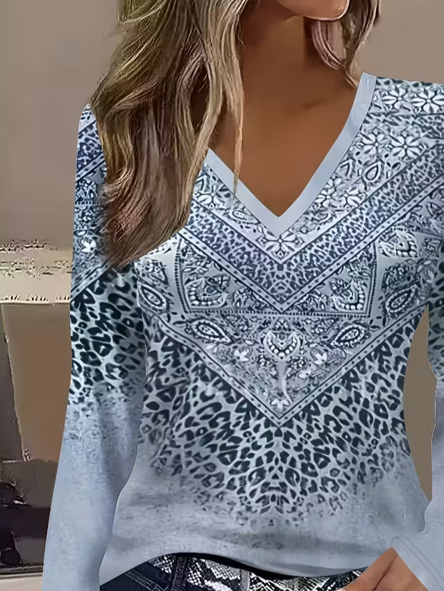 Women Abstract V Neck Jersey Long Sleeve Casual Daily Spring/Fall T-shirt