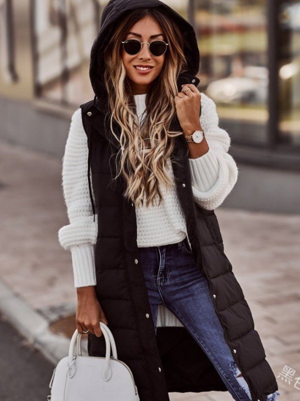 Women Plain Acetate Stand Collar Zip Up Hoodie Sleeveless Casual Split Joint Autumn Daily Vest Outerwear