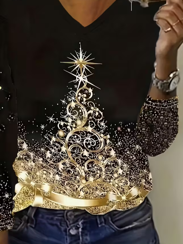 Women Christmas V Neck Jersey Long Sleeve Casual Daily Spring/Fall T-shirt