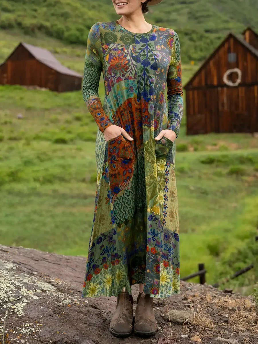 Women Geometric Crew Neck Vintage Summer Vacation Floor Length H-Line Dress