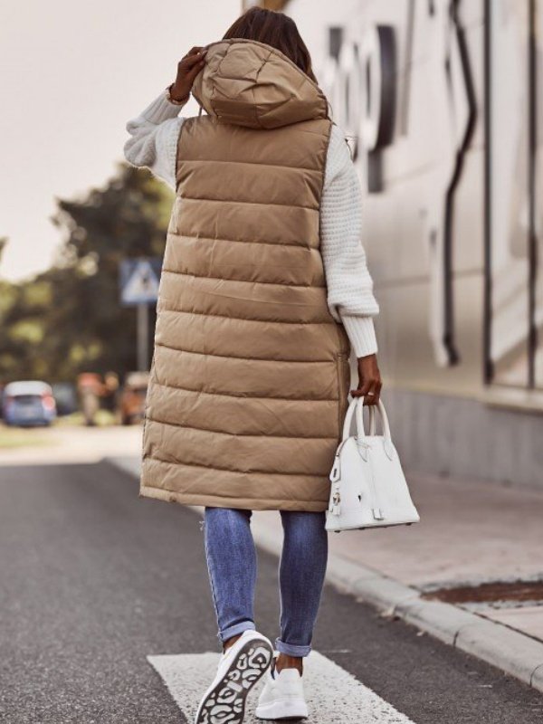 Women Plain Acetate Stand Collar Zip Up Hoodie Sleeveless Casual Split Joint Autumn Daily Vest Outerwear