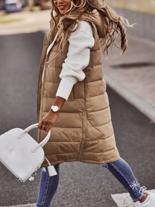 Women Plain Acetate Stand Collar Zip Up Hoodie Sleeveless Casual Split Joint Autumn Daily Vest Outerwear