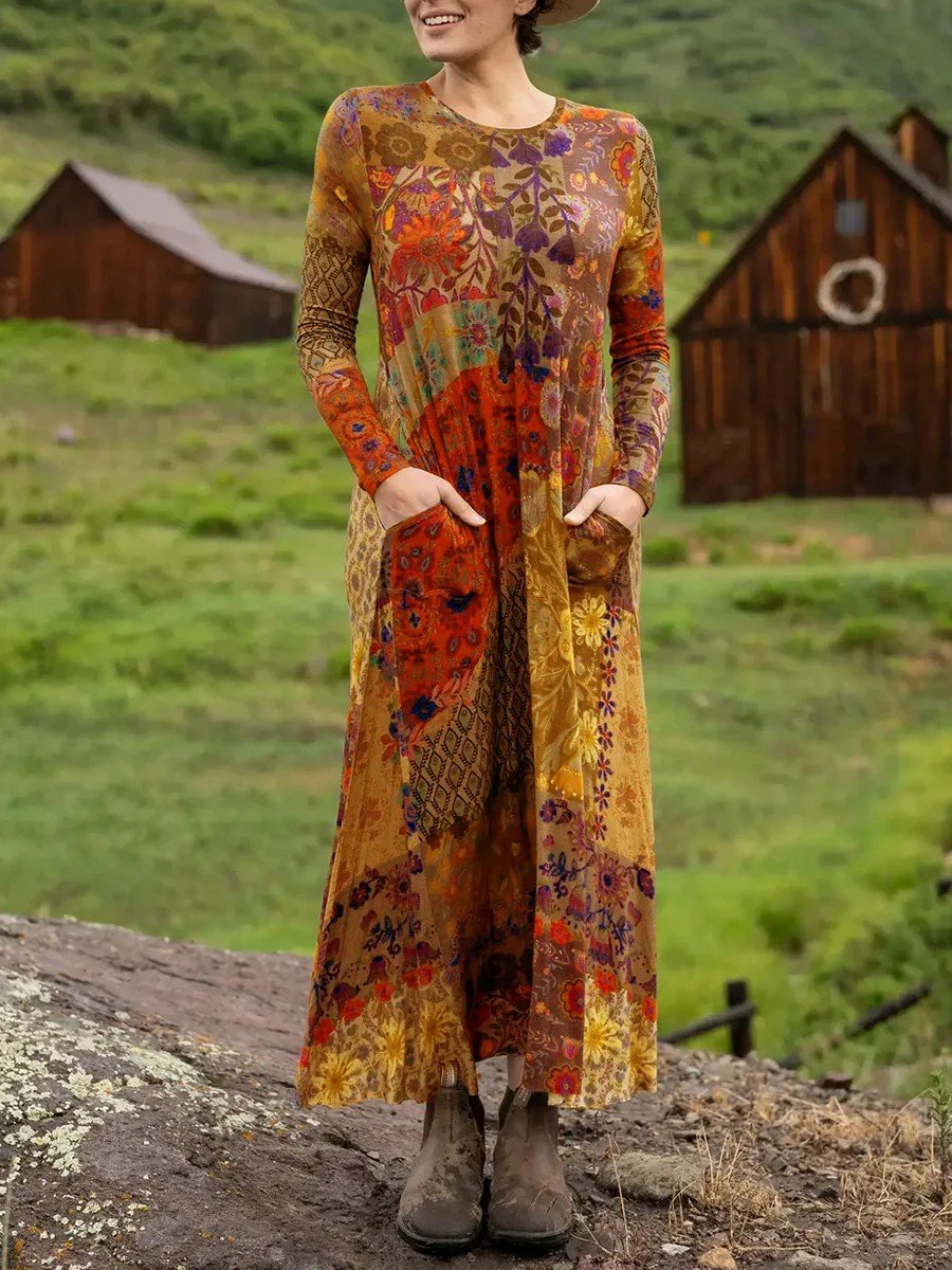 Women Geometric Crew Neck Vintage Summer Vacation Floor Length H-Line Dress