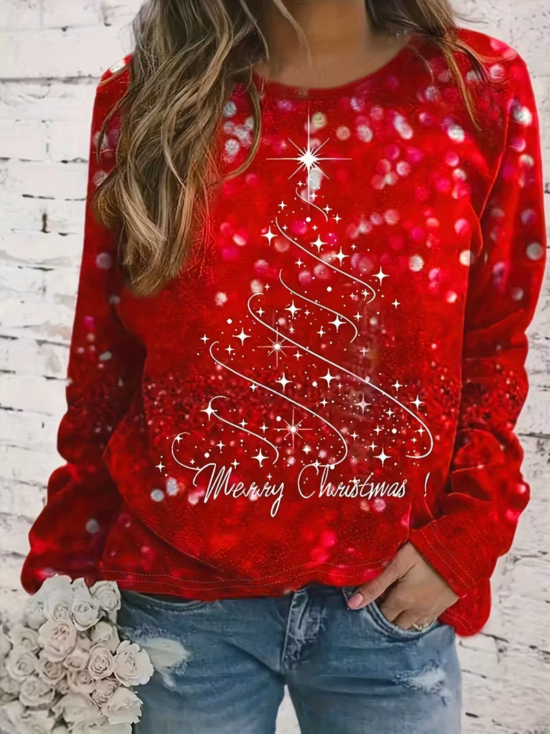 Women Christmas Crew Neck Jersey Long Sleeve Casual Daily Spring/Fall T-shirt