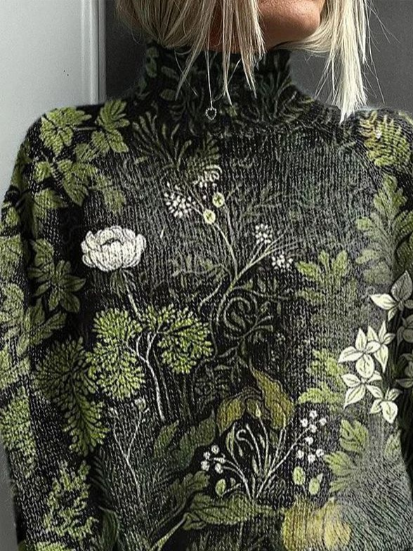Women Floral Turtleneck Long Sleeve Vintage Daily Spring/Fall Sweater