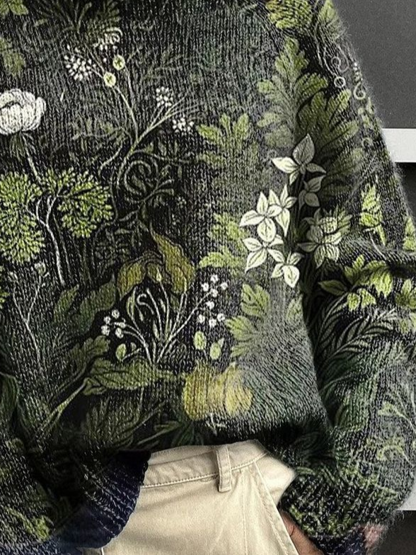 Women Floral Turtleneck Long Sleeve Vintage Daily Spring/Fall Sweater