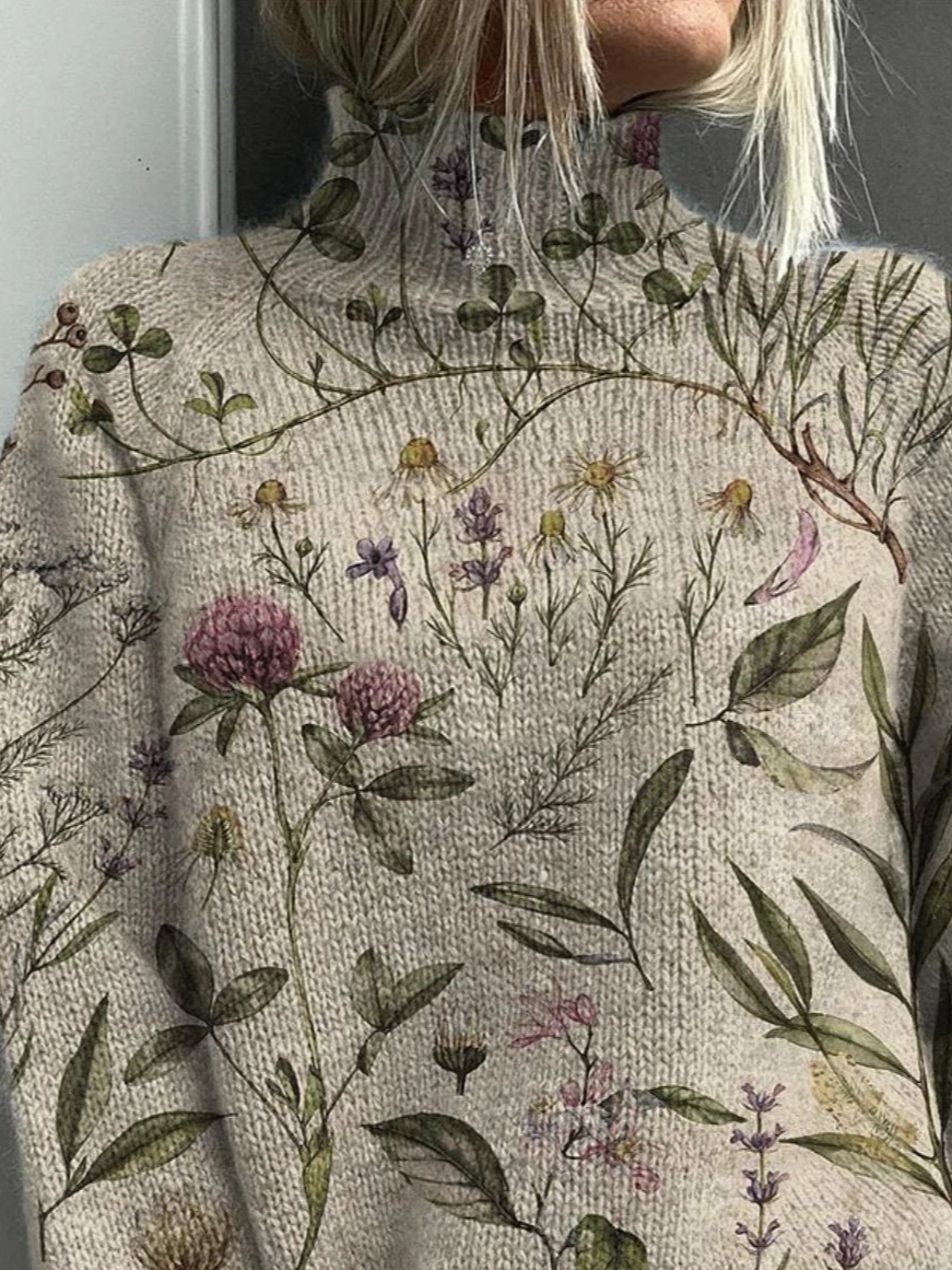 Women Floral Turtleneck Long Sleeve Vintage Daily Spring/Fall Sweater
