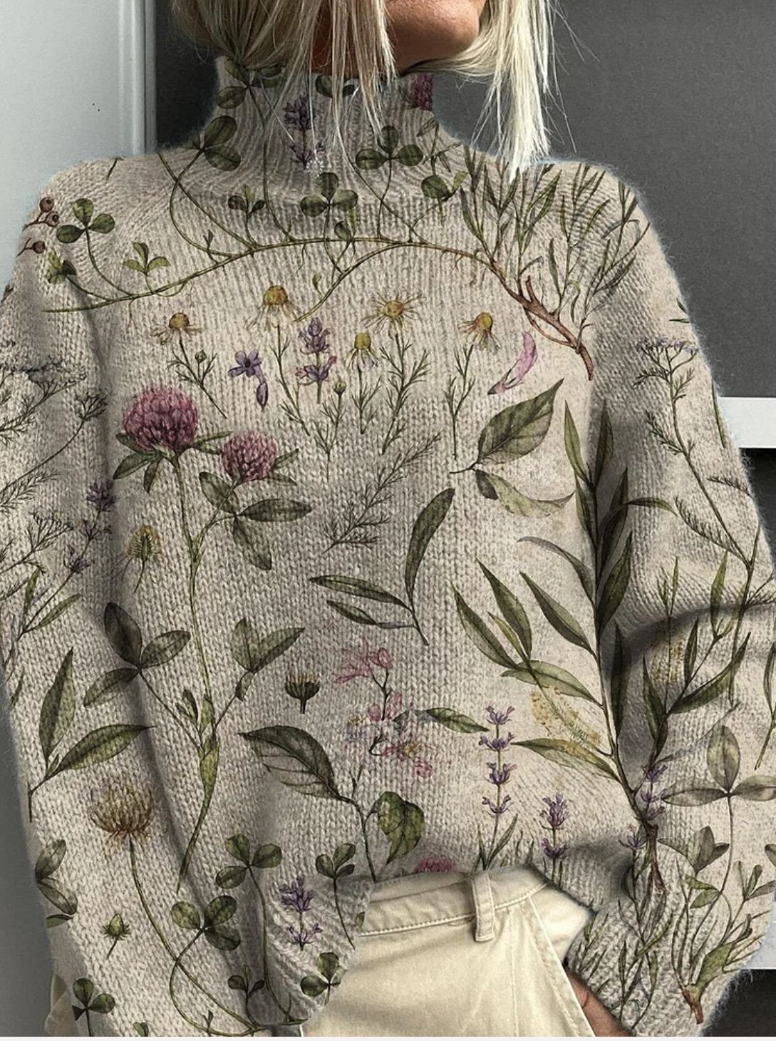 Women Floral Turtleneck Long Sleeve Vintage Daily Spring/Fall Sweater