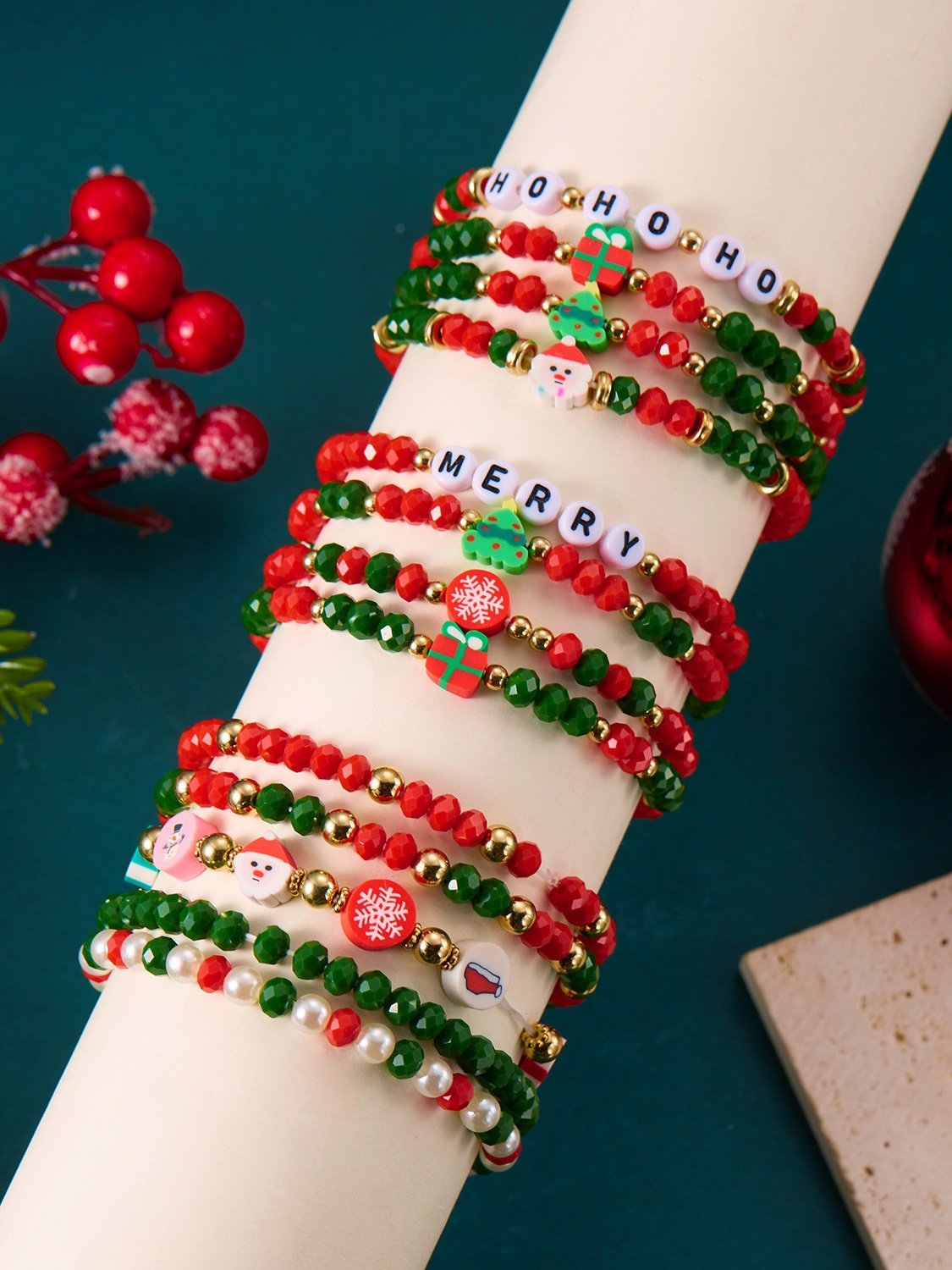 Christmas Electroplating Snowflake Elk Christmas Bell Santa Claus Bracelet Fashionable And Versatile Christmas Crystal Rice Bead Bracelet Combination Set