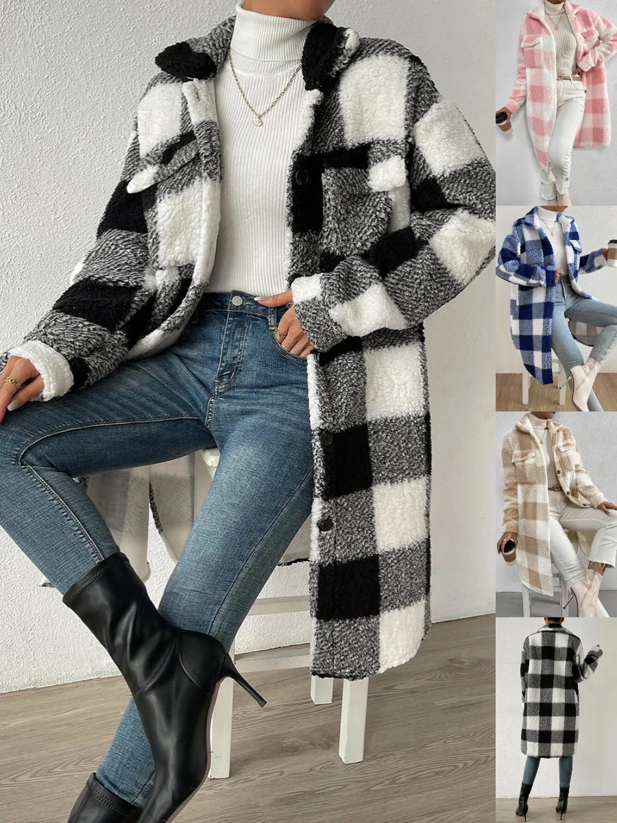 Women Plaid Shawl Collar Flannel Jacket Long Sleeve Casual Printing Winter Daily Coat Outerwear