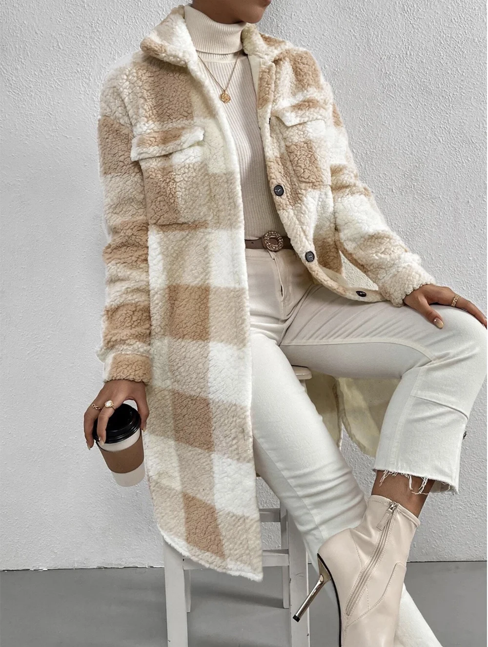 Women Plaid Shawl Collar Flannel Jacket Long Sleeve Casual Printing Winter Daily Coat Outerwear
