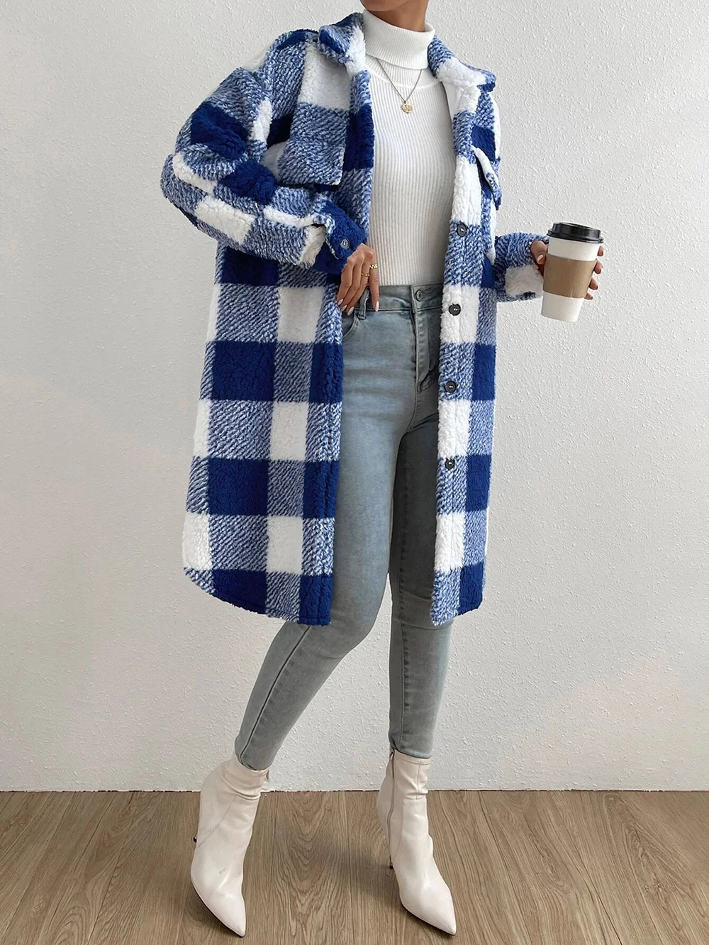 Women Plaid Shawl Collar Flannel Jacket Long Sleeve Casual Printing Winter Daily Coat Outerwear
