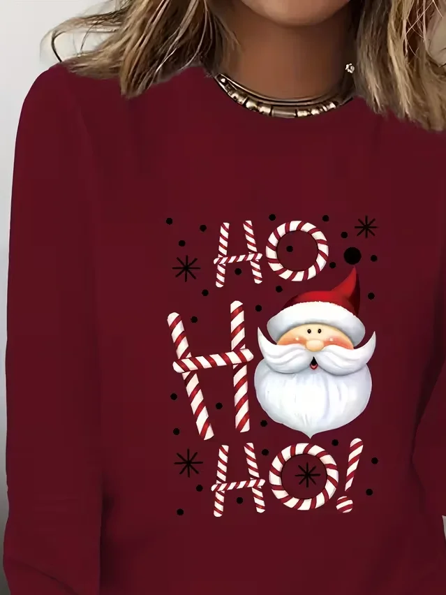 Women Santa Claus Crew Neck Jersey Long Sleeve Casual Daily Spring/Fall T-shirt