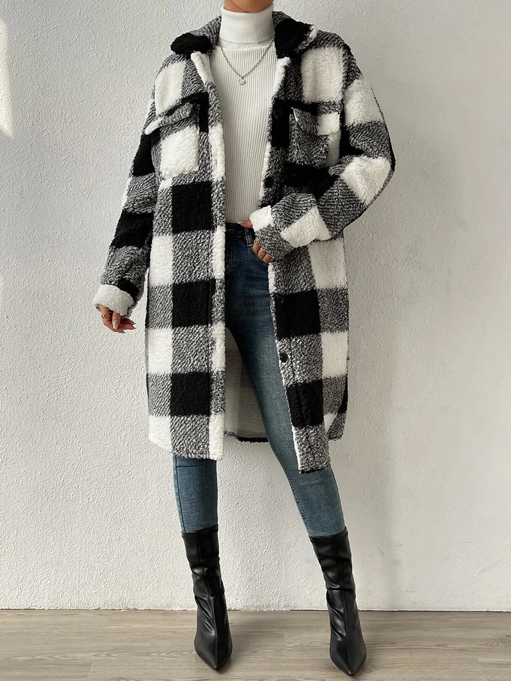 Women Plaid Shawl Collar Flannel Jacket Long Sleeve Casual Printing Winter Daily Coat Outerwear